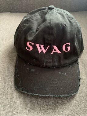 Justin Bieber Skylrk Black Distressed Baseball Hat with Pink "SWAG" Embroidery